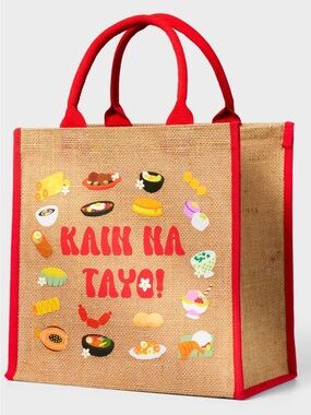 Red-Trim Burlap Tote Bag with Food Print Tote Bag Lets Eat